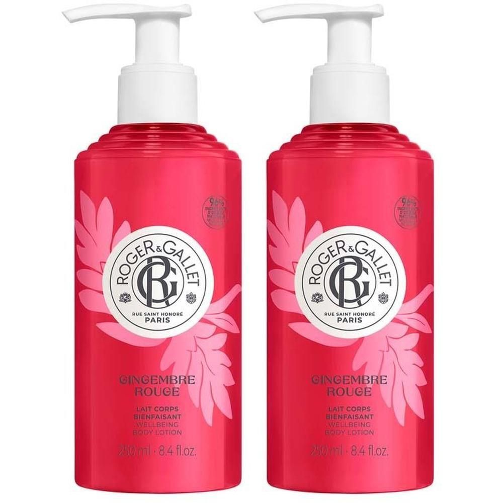 Zwei rote Körperlotion-Flaschen mit weißen Pumpen. Aufschrift: Roger & Gallet, Gingembre Rouge, Wohlfühl-Körperlotion.