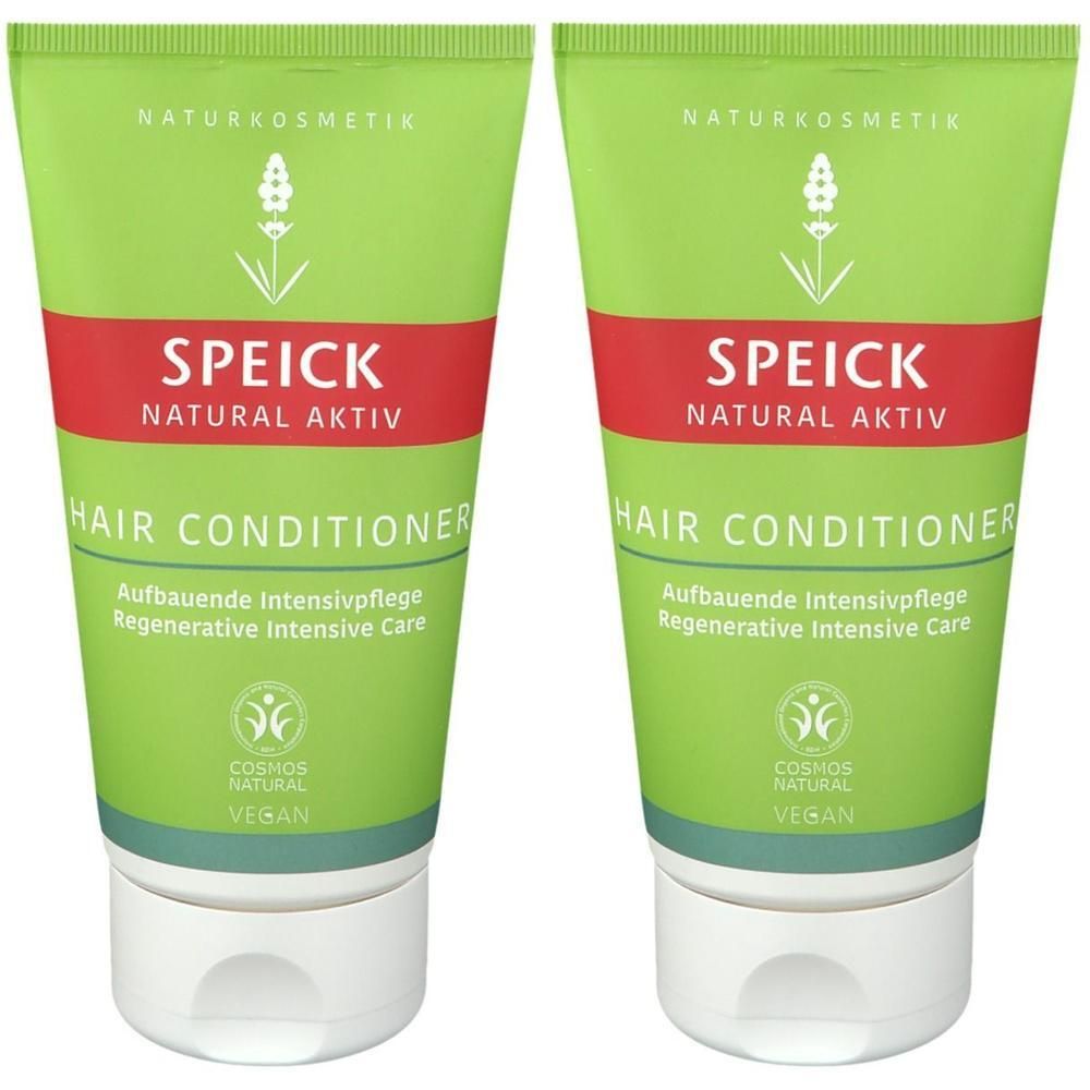 Zwei grüne Tuben mit rotem Streifen. Aufschrift: SPEICK NATURAL AKTIV HAIR CONDITIONER. Logos und Text: COSMOS NATURAL, VEGAN.