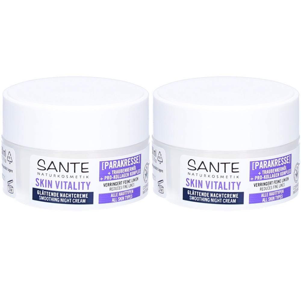 Zwei weiße Tiegel mit Deckel. Aufschrift: SANTE Skin Vitality Glättende Nachtcreme. Text in Deutsch.