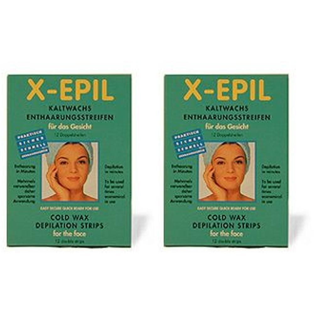 Zwei grüne Kartons mit "X-EPIL"-Schriftzug. Aufdruck: Kaltwachs-Enthaarungsstreifen für das Gesicht. Abbildung eines Gesichts.