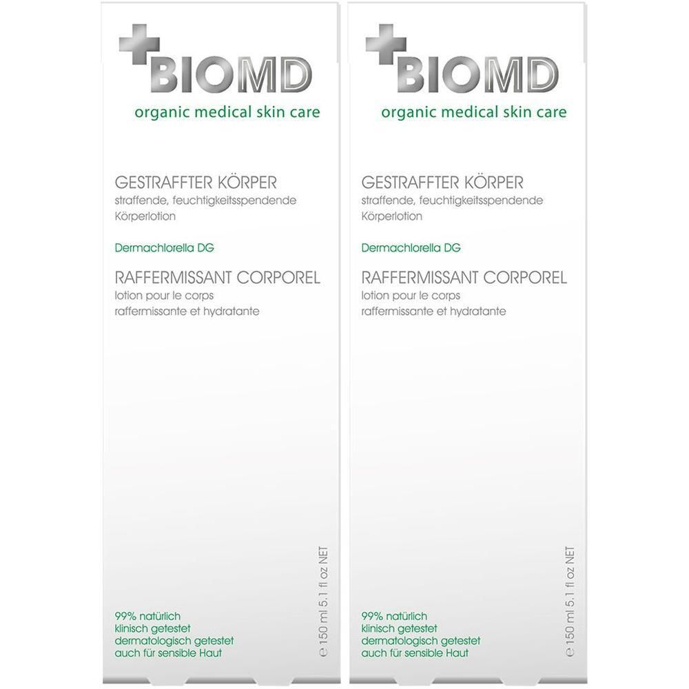 Zwei weiße Tuben BIOMD Gestraffter Körper Creme. Text: Raffeermissant Corporel, 150 ml, 99% natürlich, dermatologisch getestet.
