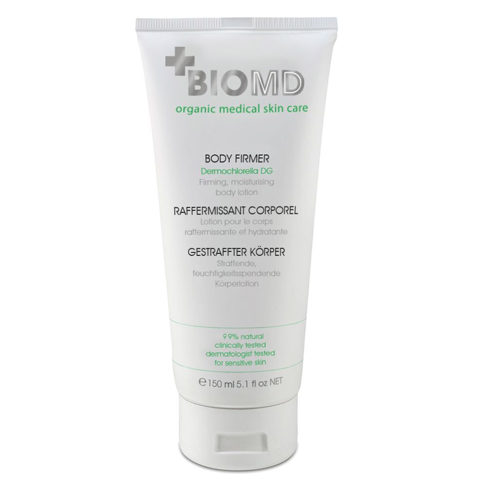 Weiße Tube BIOMD Gestraffter Körper Creme. Text: Body Firmer, Raffeermissant Corporel, 150 ml, 99% natürlich, dermatologisch getestet.