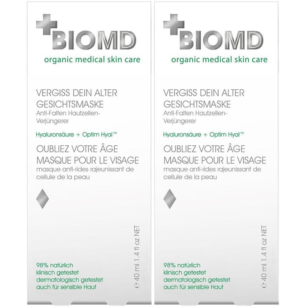 Zwei BIOMD Gesichtsmasken-Verpackungen. Weiß, mit grünem Akzent. Text: Vergiss dein Alter Gesichtsmaske, Hyaluronsäure + Optim Hyal, 98% natürlich, 40 ml.