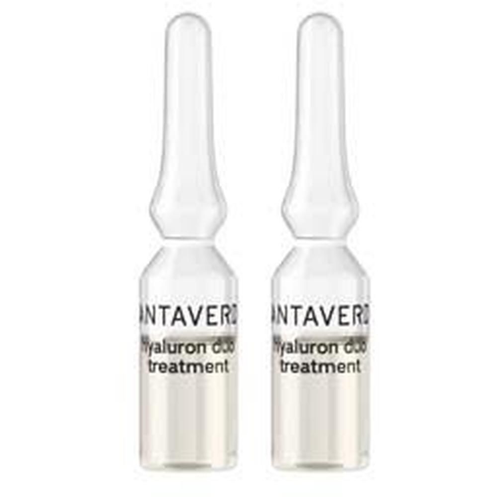Zwei Glasampullen mit SANTAVERDE-Aufdruck. Hyaluron duo treatment. Klare Flüssigkeit.