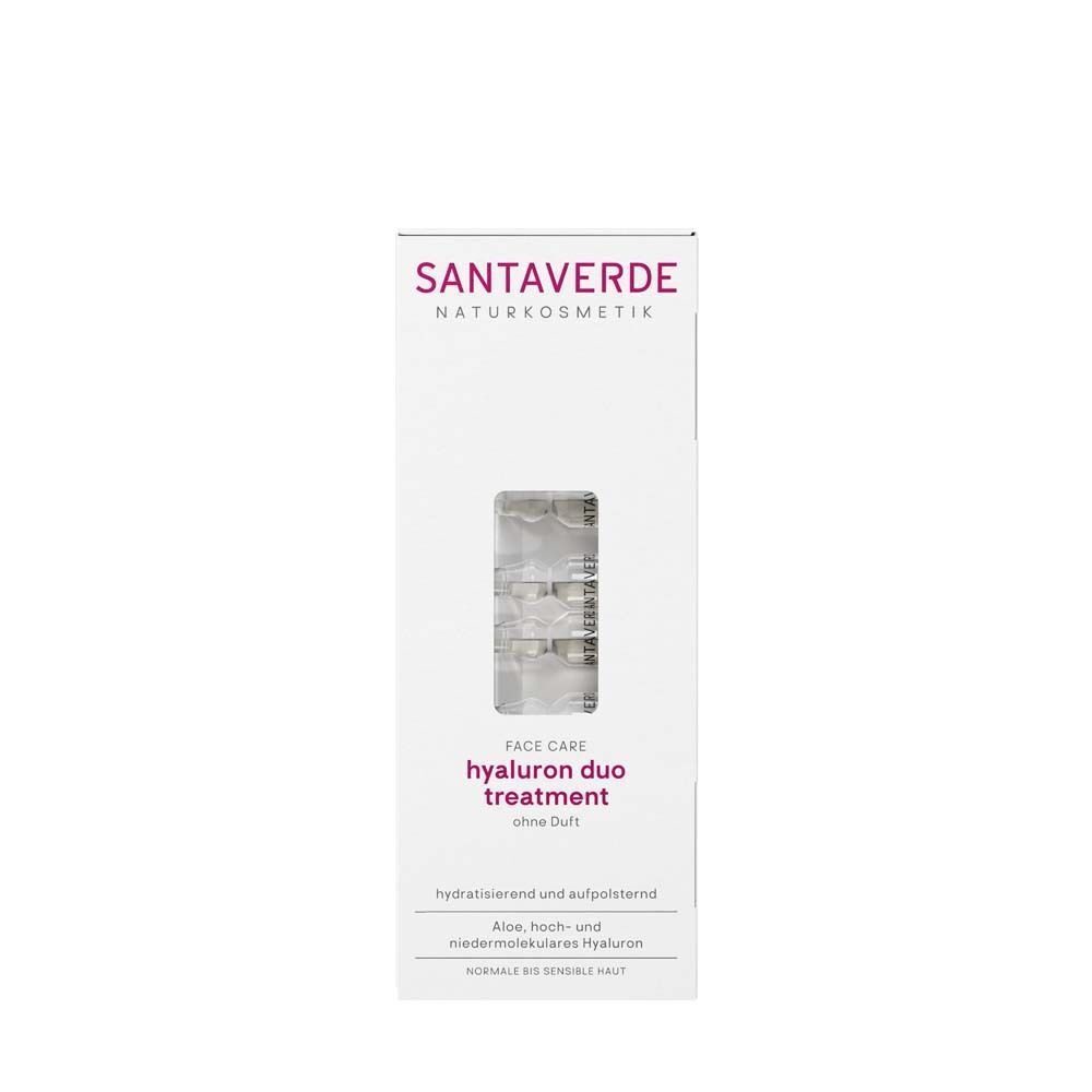 Weiße Verpackung mit SANTAVERDE-Logo. Sichtbar: Ampullen. Text: hyaluron duo treatment, ohne Duft.