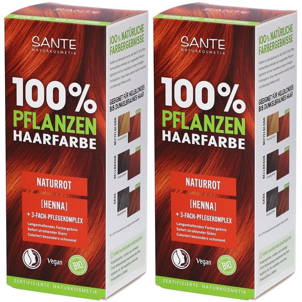 Zwei Kartons Pflanzenhaarfarbe Naturrot. Aufschrift: 100% Pflanzen Haarfarbe, Naturrot, Henna, Vegan, Bio. Zertifizierte Naturkosmetik.