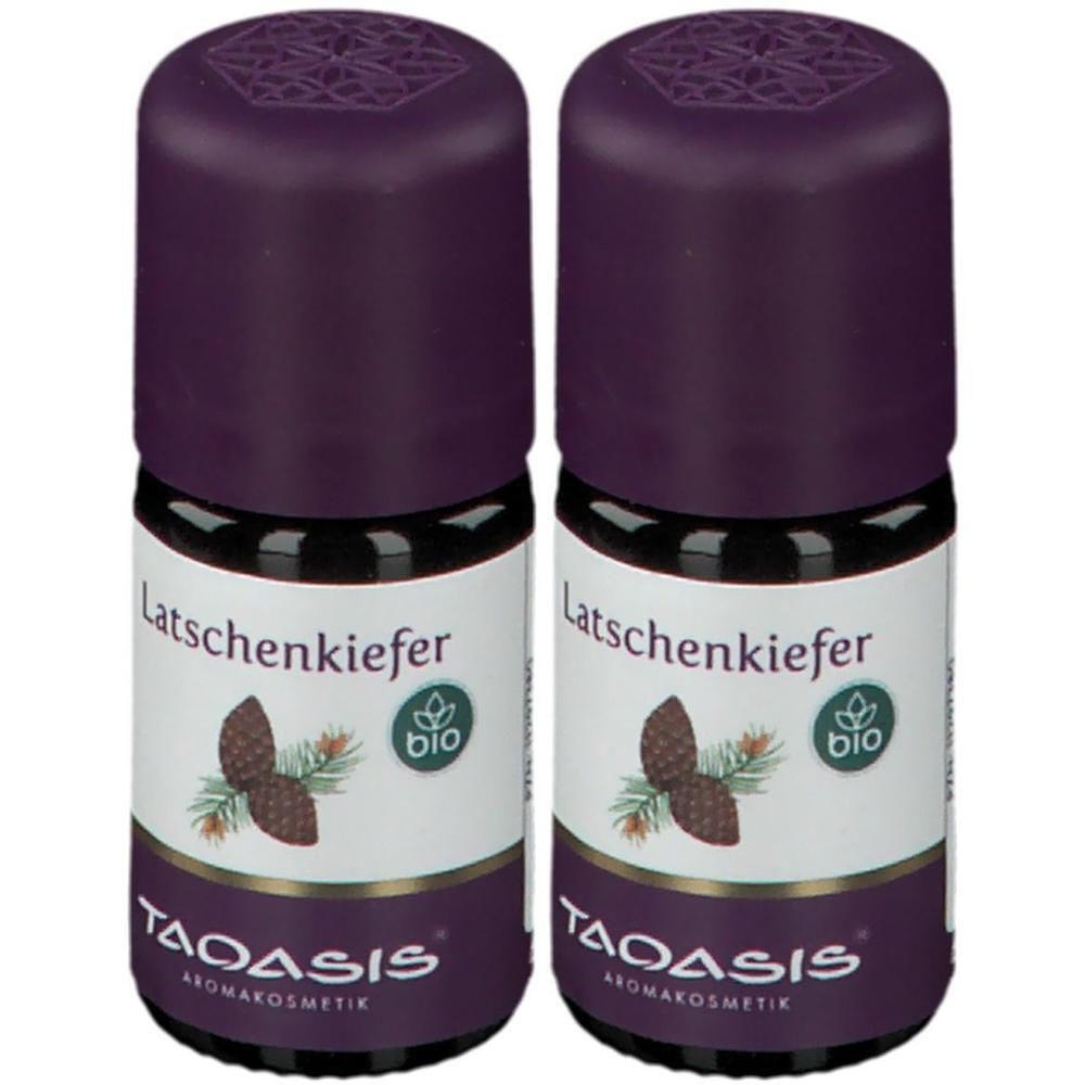 Zwei Flaschen mit dunkelvioletten Deckeln. Auf den Etiketten steht "Latschenkiefer" und "bio". Marke: TAOASIS.