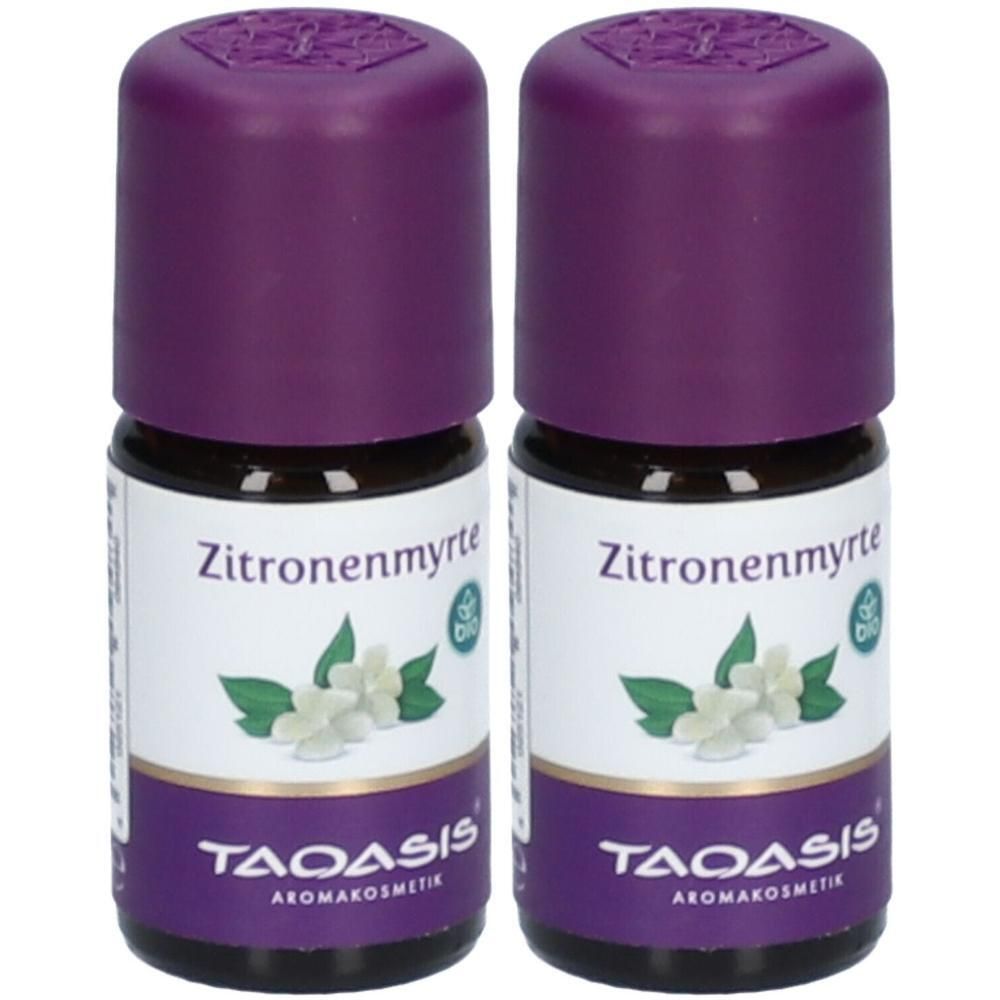 Zwei Fläschchen mit lila Deckel. Aufschrift: Zitronenmyrte, TAOASIS AROMAKOSMETIK. Etikett mit Blüten und Blättern.
