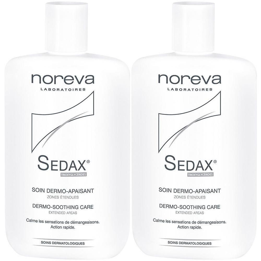 Zwei weiße Flaschen mit dem Logo von noreva und der Aufschrift Sedax. Text: SOIN DERMO-APAISANT, DERMO-SOOTHING CARE, SOINS DERMATOLOGIQUES.