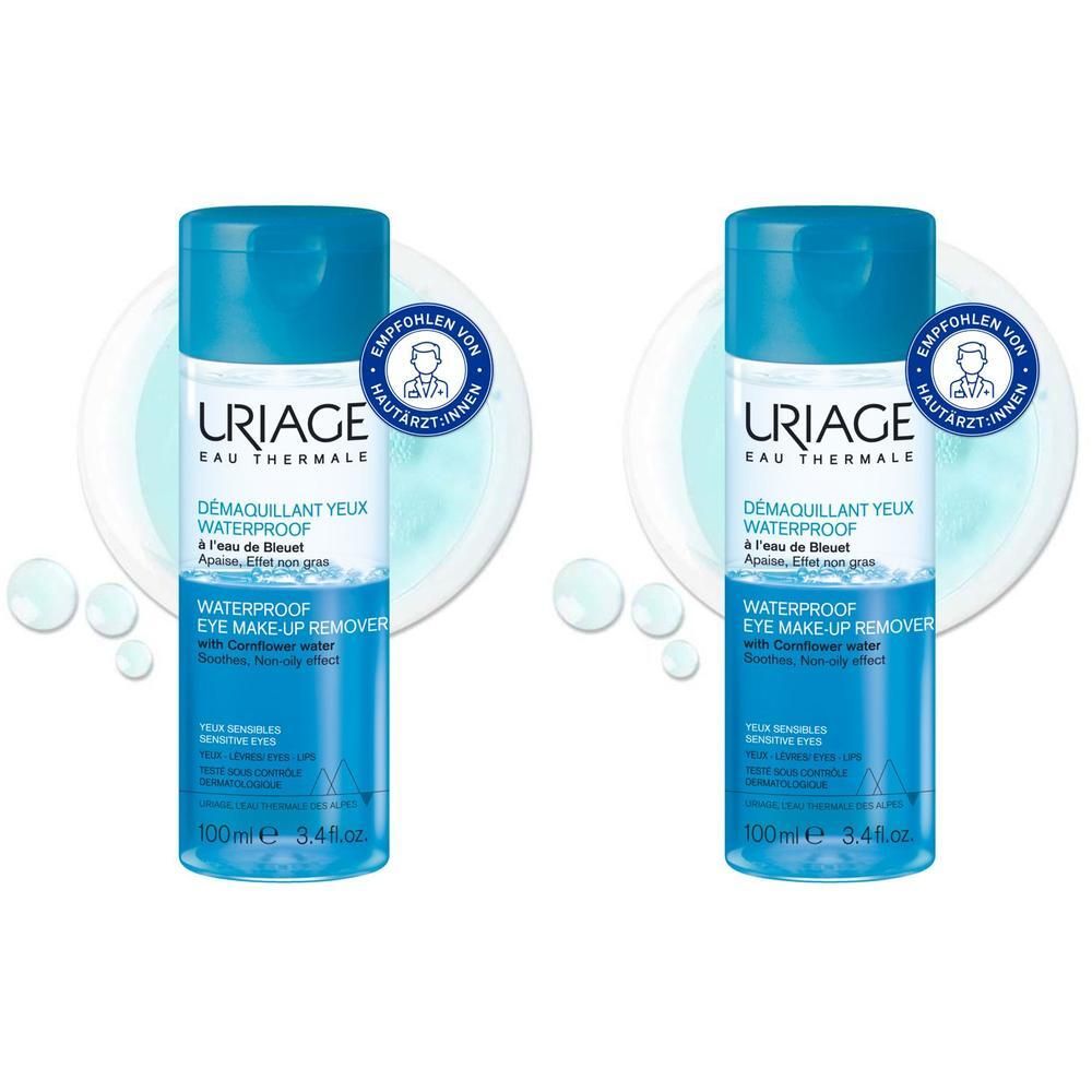 Zwei Flaschen URIAGE Waterproof Augen-Make-Up Entferner. Blaue Flaschen mit blauem Deckel. Aufschrift: URIAGE, Eau Thermale, Démaquillant Yeux Waterproof.