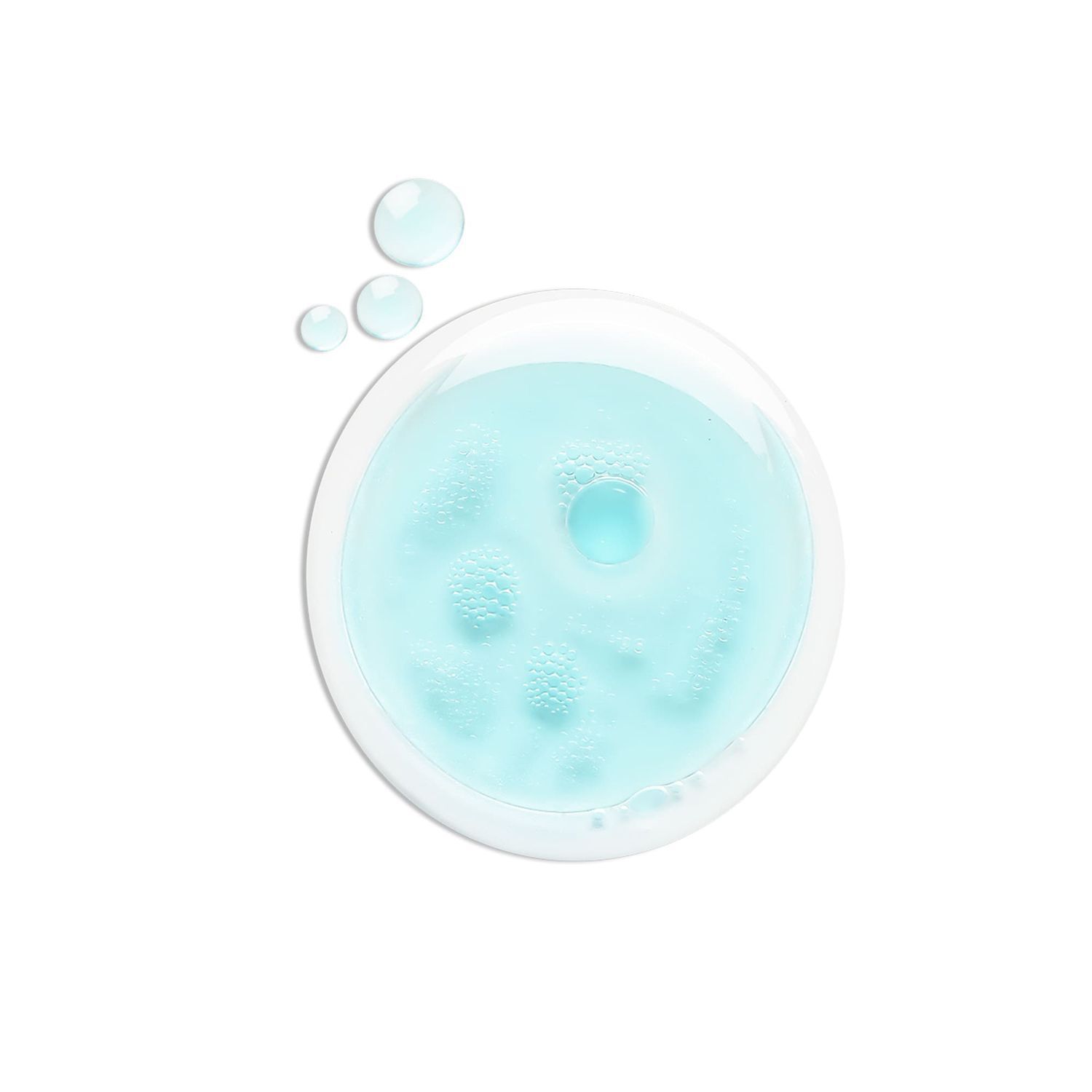 Nahaufnahme von Flüssigkeitstropfen in einer Schale. Die Flüssigkeit ist blau. Es gibt drei kleinere Tropfen daneben.