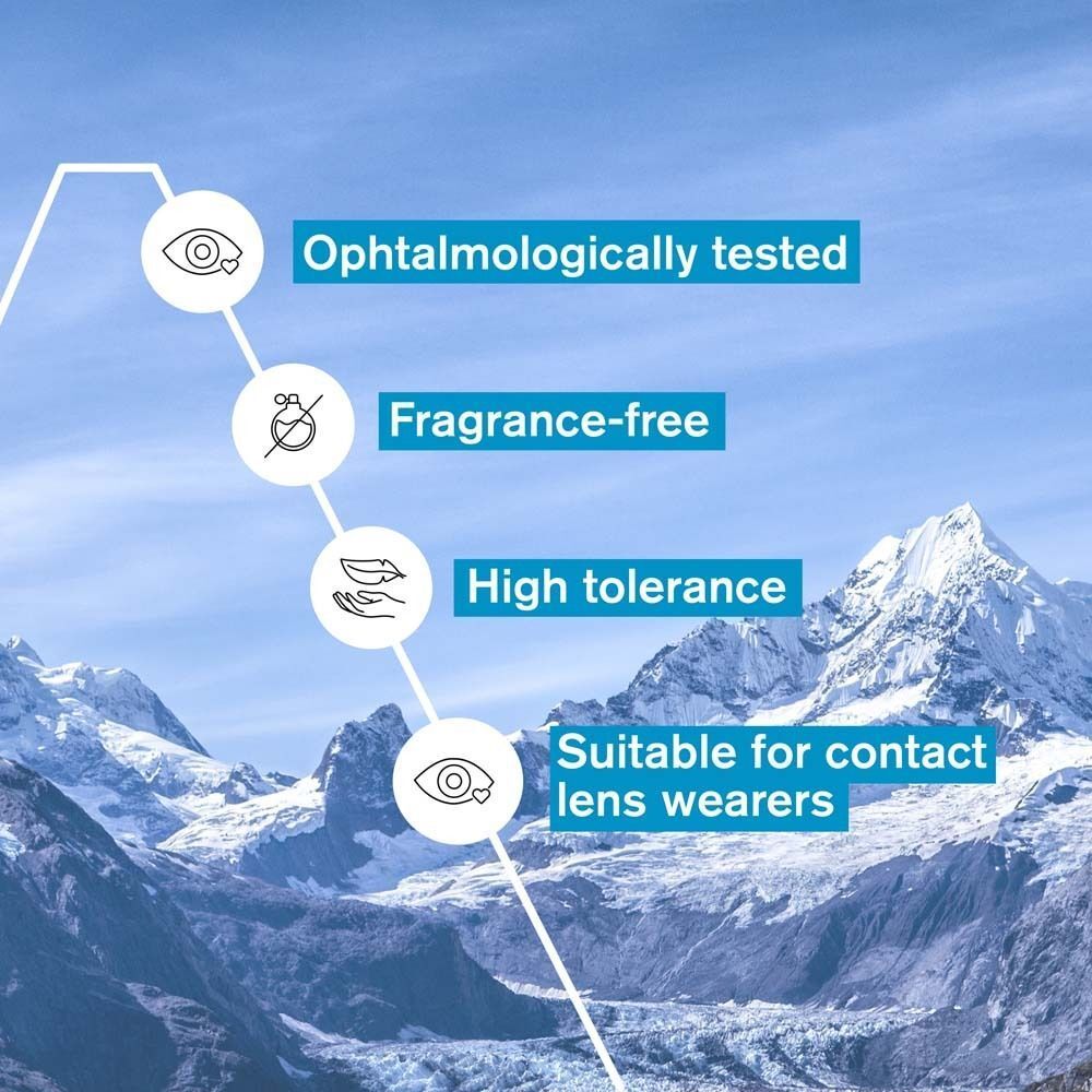 Grafik mit Informationen über die Vorteile. Text: Ophtalmologically tested, Fragrance-free, High tolerance, Suitable for contact lens wearers.