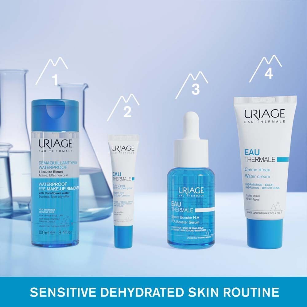 Verschiedene URIAGE Produkte. Enthalten: Augen-Make-Up Entferner, Augencreme, Serum und Creme.