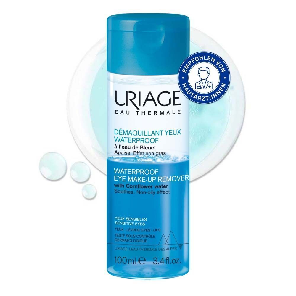 Flasche URIAGE Waterproof Augen-Make-Up Entferner. Blaue Flasche mit blauem Deckel. Aufschrift: URIAGE, Eau Thermale, Démaquillant Yeux Waterproof.