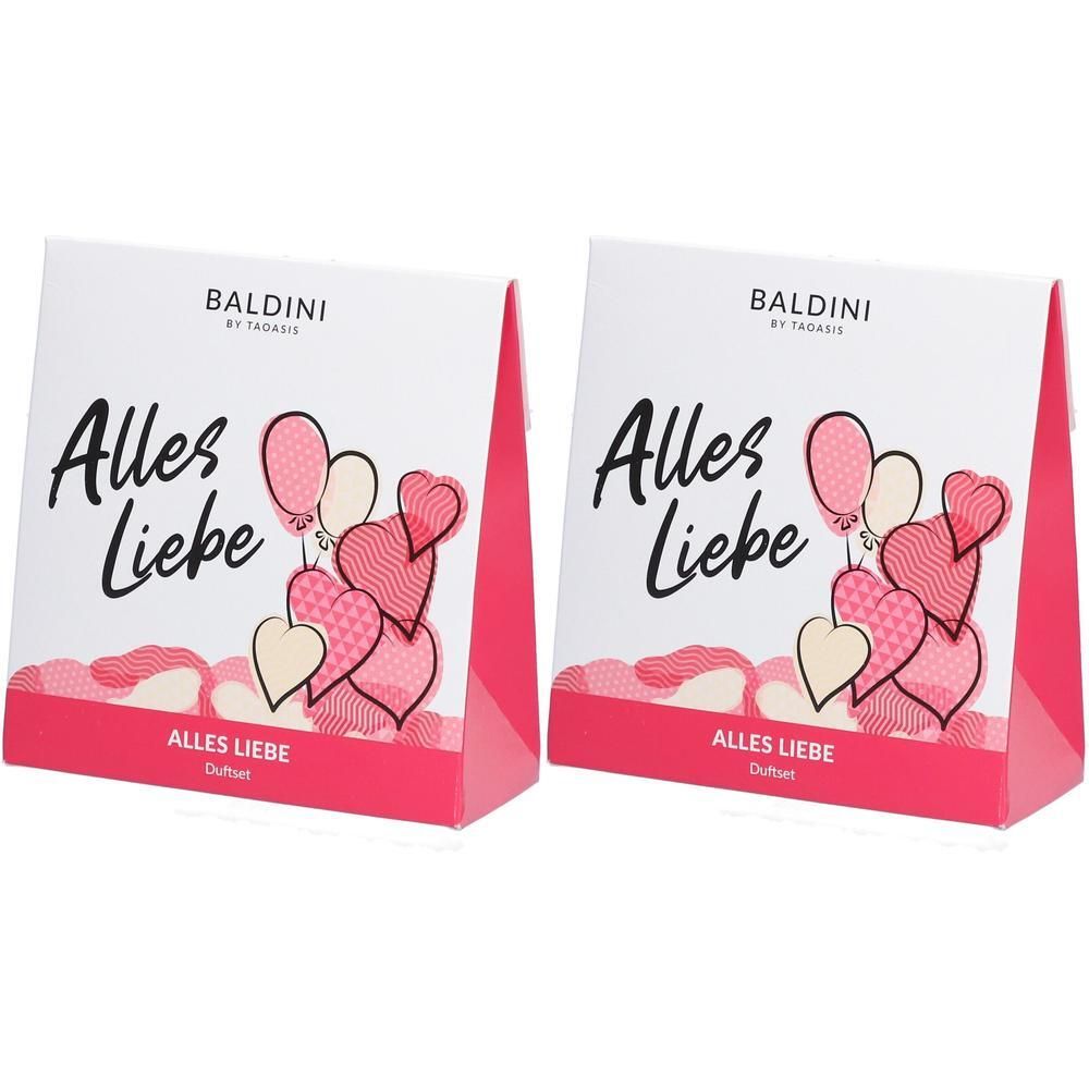 Zwei Geschenkboxen mit rosa Akzenten. Aufschrift "Alles Liebe" und "BALDINI". Abbildung von Herzen und Ballons.