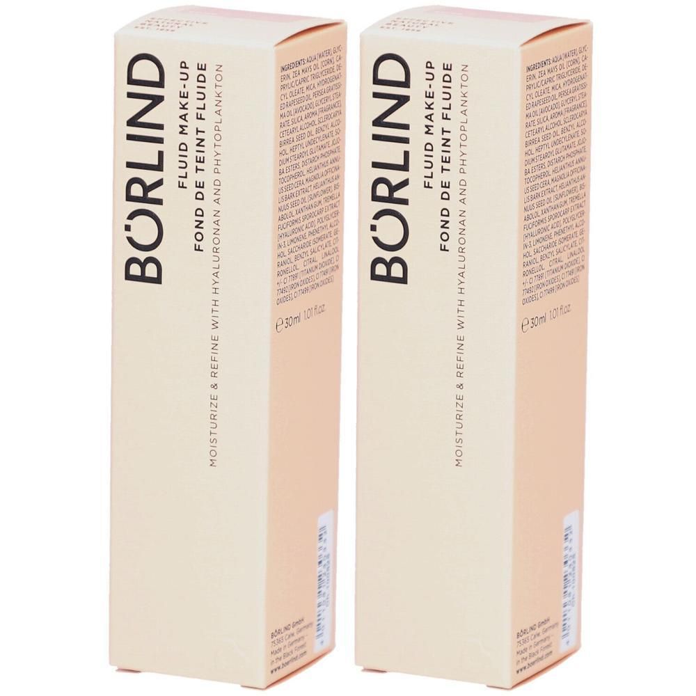 Zwei rechteckige Kartons. Aufschrift: BÖRLIND, Fluid Make-up, Fond de Teint Fluide. Mit Hyaluron und Phytoplankton. Beige Farbton.