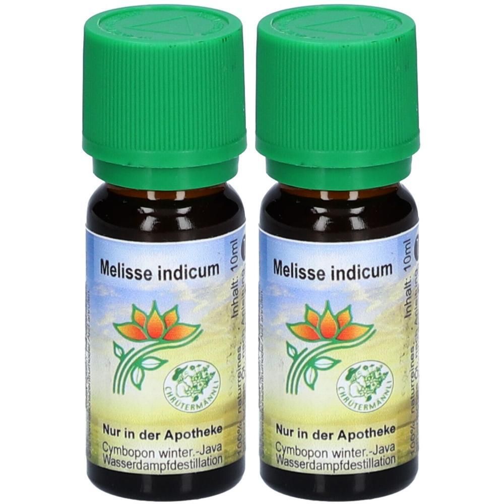 Zwei kleine Flaschen mit grünem Deckel. Aufschrift: Melisse indicum. Logo mit Blume. Text: Nur in der Apotheke. Inhalt: 10ml.