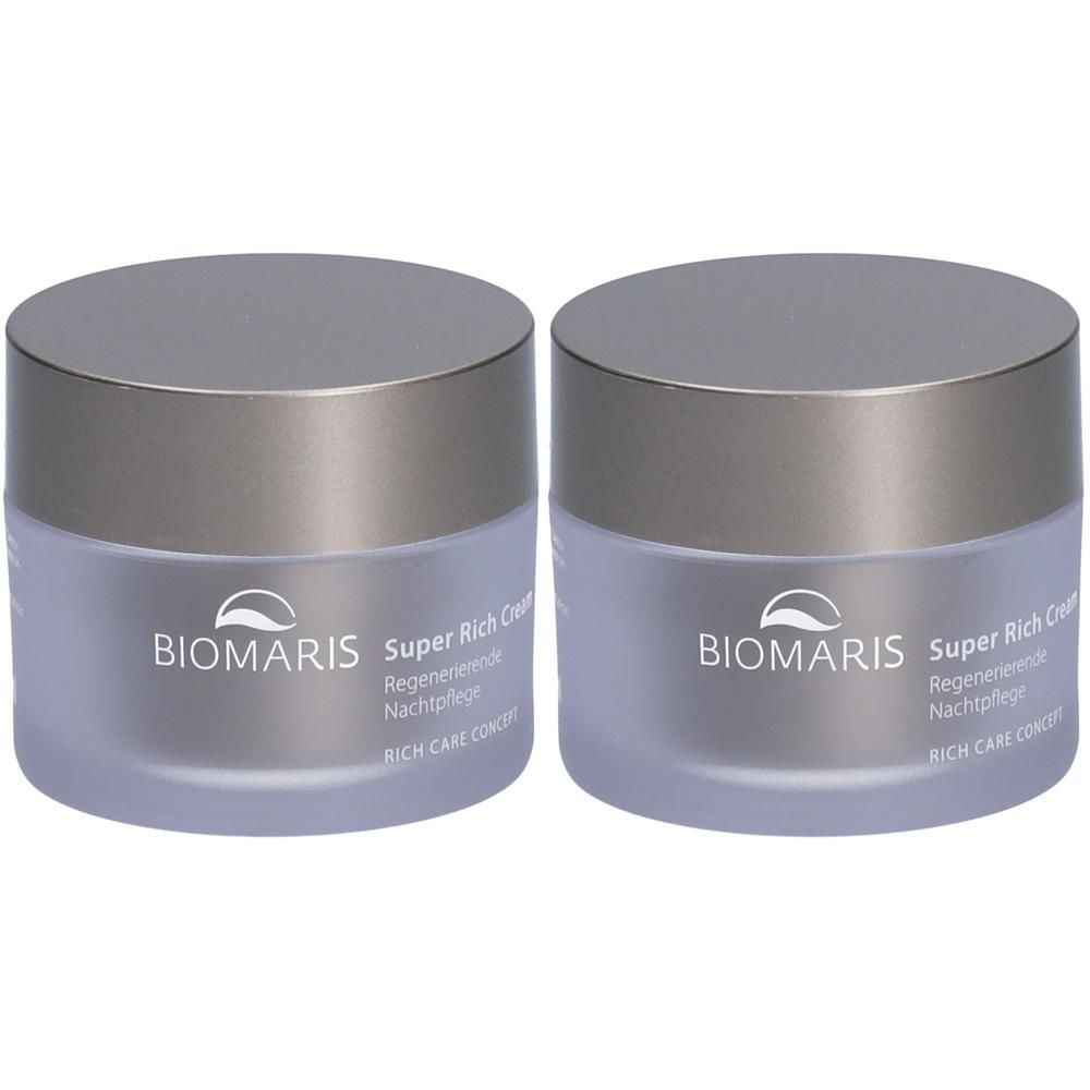 Zwei Tiegel BIOMARIS Super Rich Cream mit silberfarbenen Deckeln. Aufschrift: Regenerierende Nachtpflege.
