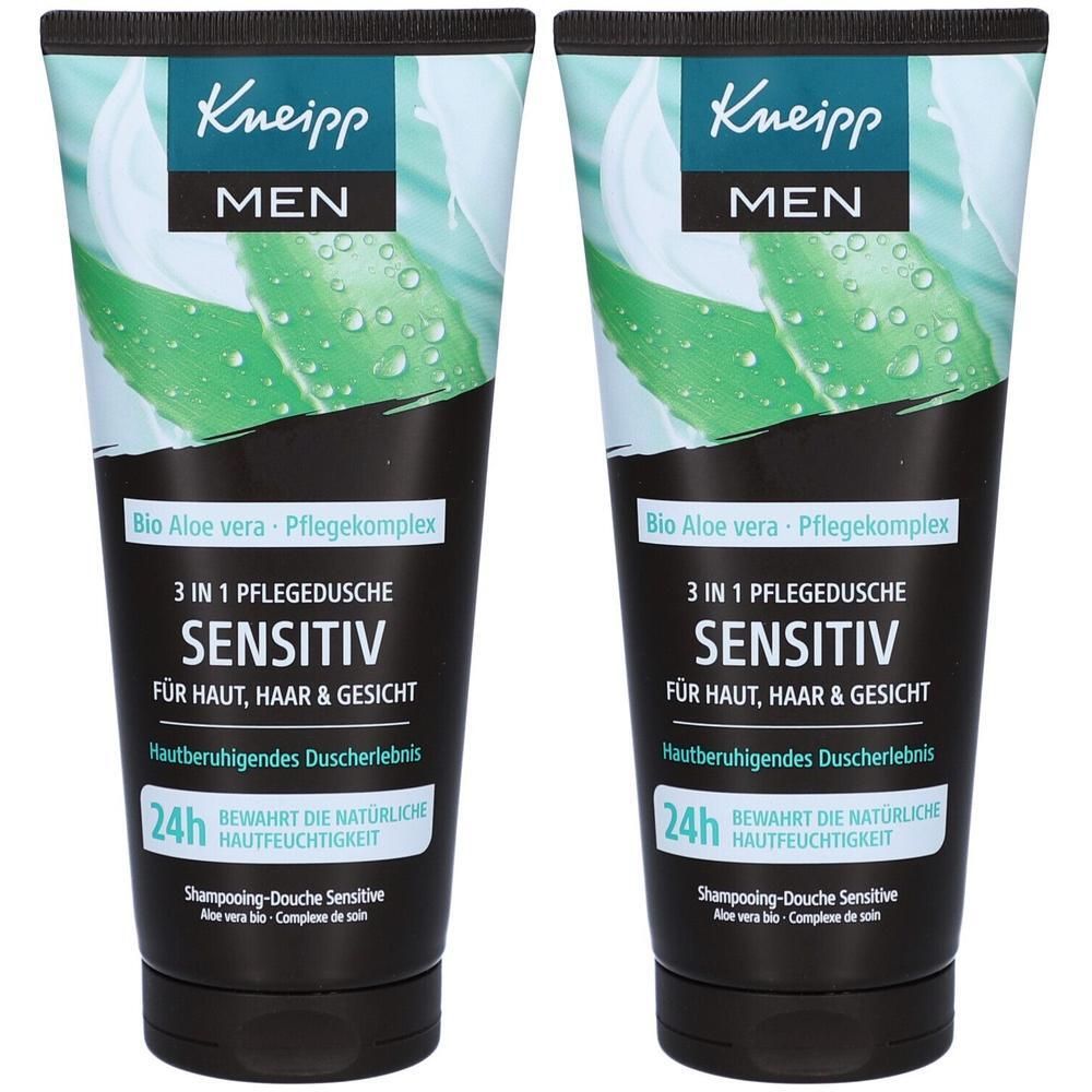Zwei Tuben Kneipp 3in1 Pflegedusche Sensitiv. Schwarze Tube mit grünen Elementen und Texten. Enthält Bio Aloe Vera. Für Haut, Haar und Gesicht.