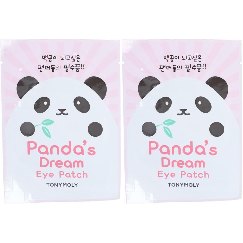 Zwei Augenpflaster mit Panda-Design. Aufschrift: Panda's Dream Eye Patch. Marke: TONYMOLY. Rosa und weiß.