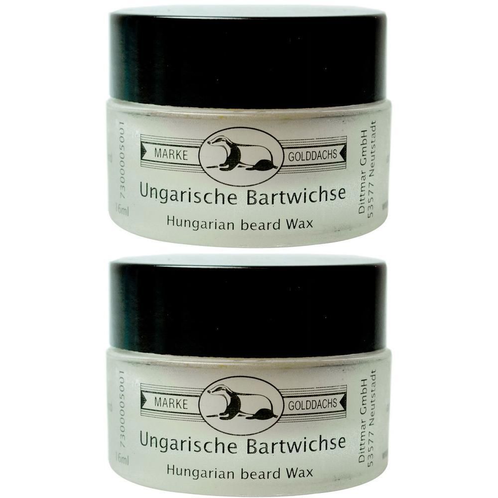 Zwei Tiegel Bartwichse mit schwarzem Deckel. Aufschrift: Ungarische Bartwichse, Hungarian beard Wax. Logo: Dachs. Marke: GOLDDACHS.
