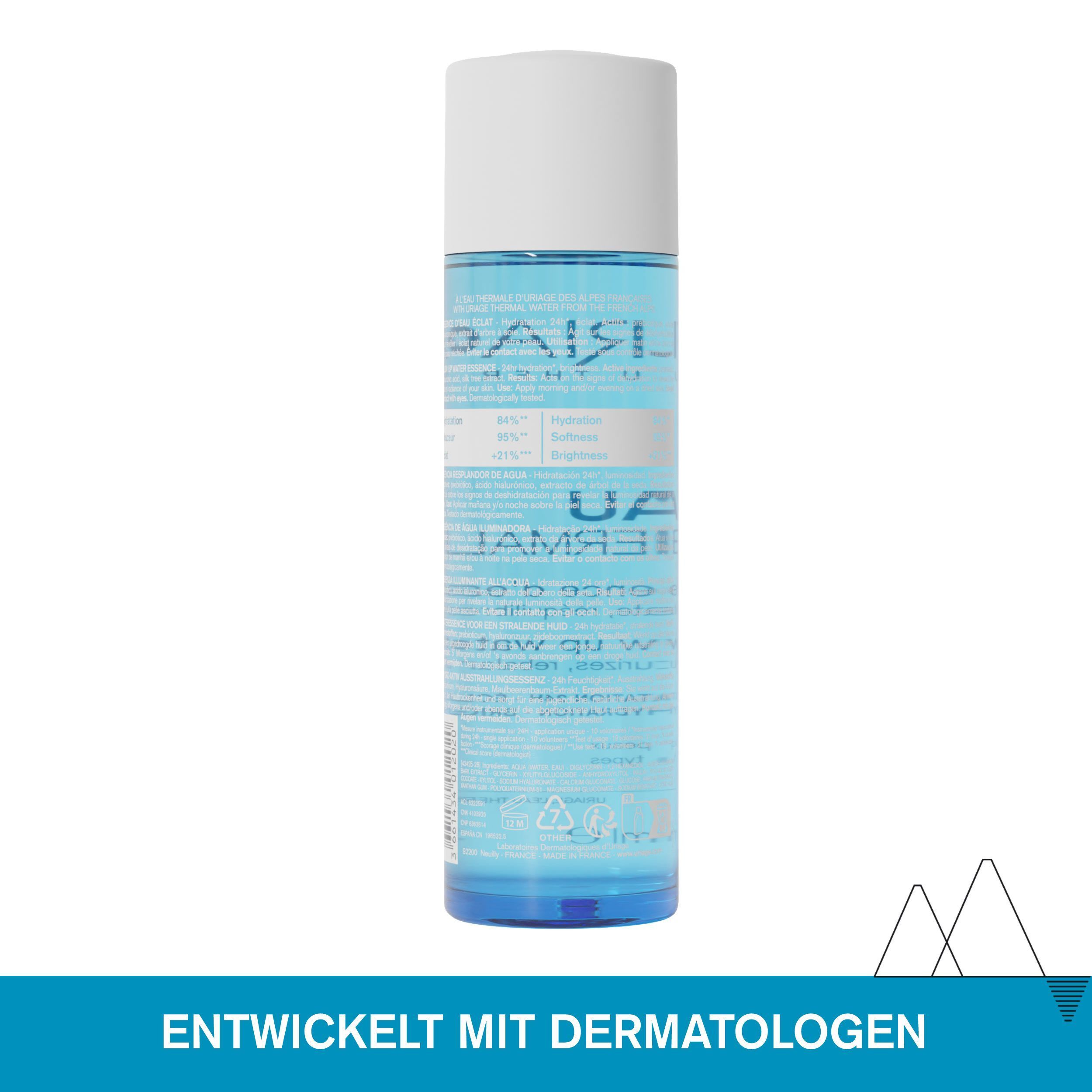 Rückseite einer Flasche URIAGE Eau Thermale. Text: Entwickelt mit Dermatologen. Produktinformationen.