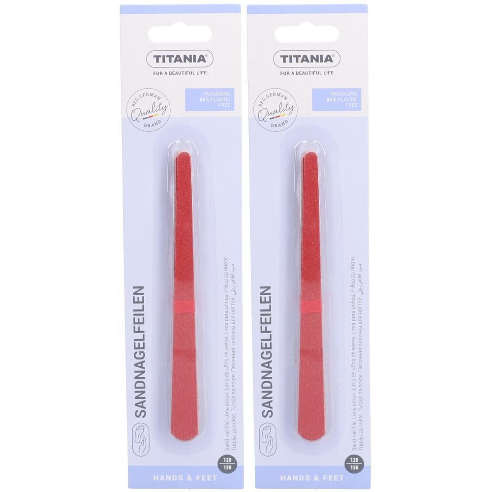 Zwei rote Nagelfeilen in Verpackung. Marke TITANIA. Aufschrift: SANDNAGELFEILEN. Hands & Feet. Premium Quality.