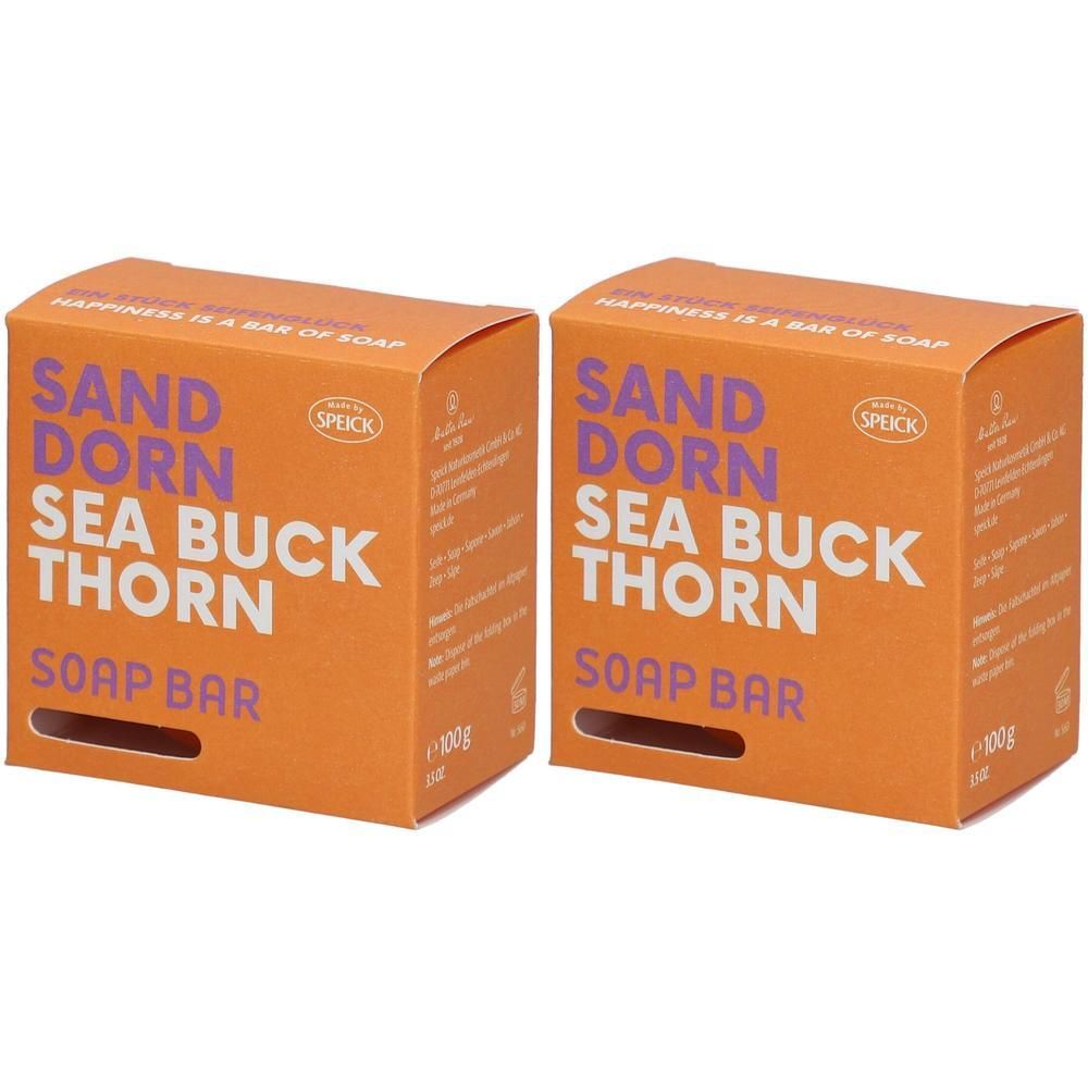 Zwei orangefarbene Kartons mit Aufschrift SANDDORN SEA BUCK THORN SOAP BAR. Marke SPEICK. Aufschrift: HAPPINESS IS A BAR OF SOAP.