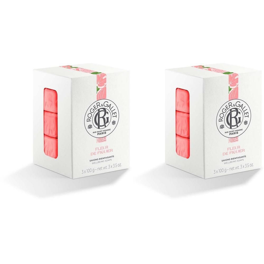 Zwei weiße Kartons mit rosa Seifen. Aufdruck: Roger & Gallet, Fleur de Figuier. 3x100g.