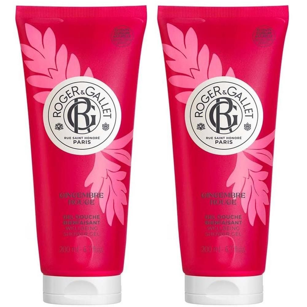 Zwei Tuben Duschgel. Rosa Tuben mit weißem Verschluss. Logo und Schriftzug 'Roger & Gallet' und 'Gingembre Rouge' sichtbar.