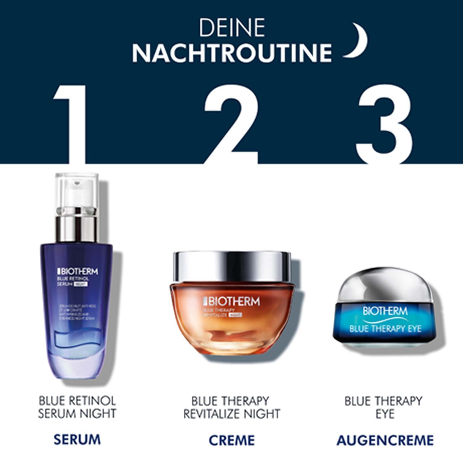 Drei BIOTHERM-Produkte: Blue Retinol Serum Night, Blue Therapy Revitalize Night Creme und Blue Therapy Eye. Blaue Verpackung.