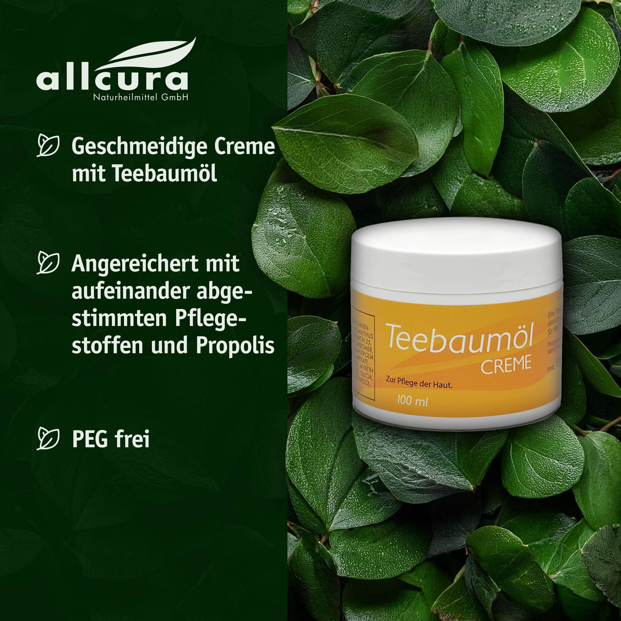 Creme-Tiegel mit gelbem Etikett vor grünem Blattwerk. Aufschrift: Teebaumöl Creme. 100 ml. Text: Geschmeidige Creme mit Teebaumöl.