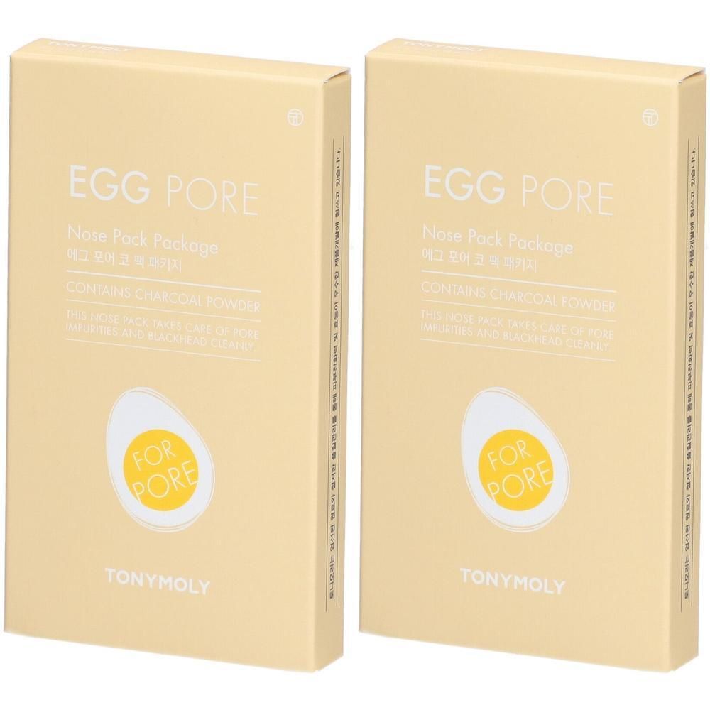 Zwei Packungen TONYMOLY Egg Pore Nose Pack. Beige Verpackung mit Produktnamen und Ei-Illustration.