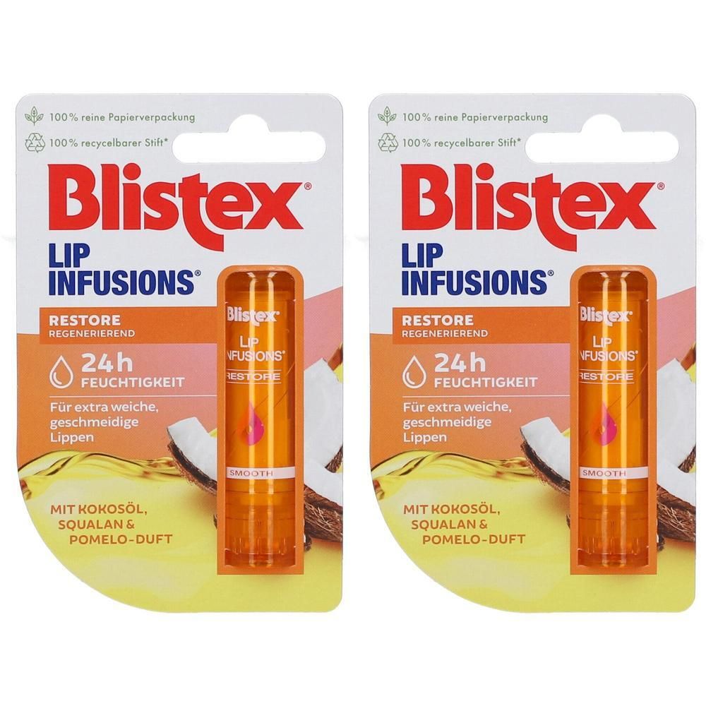 Zwei Blistex Lip Infusions Restore Pflegestifte in Blisterverpackung. Orangefarbener Stift, transparente Hülle. Text: 24h Feuchtigkeit, Kokosöl.