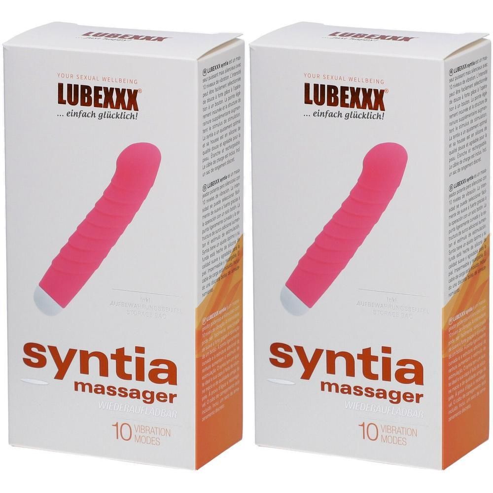Zwei Verpackungen mit rosa Syntia-Massagern. Aufschrift: LUBEXXX, Syntia massager, 10 Vibrationsmodi.