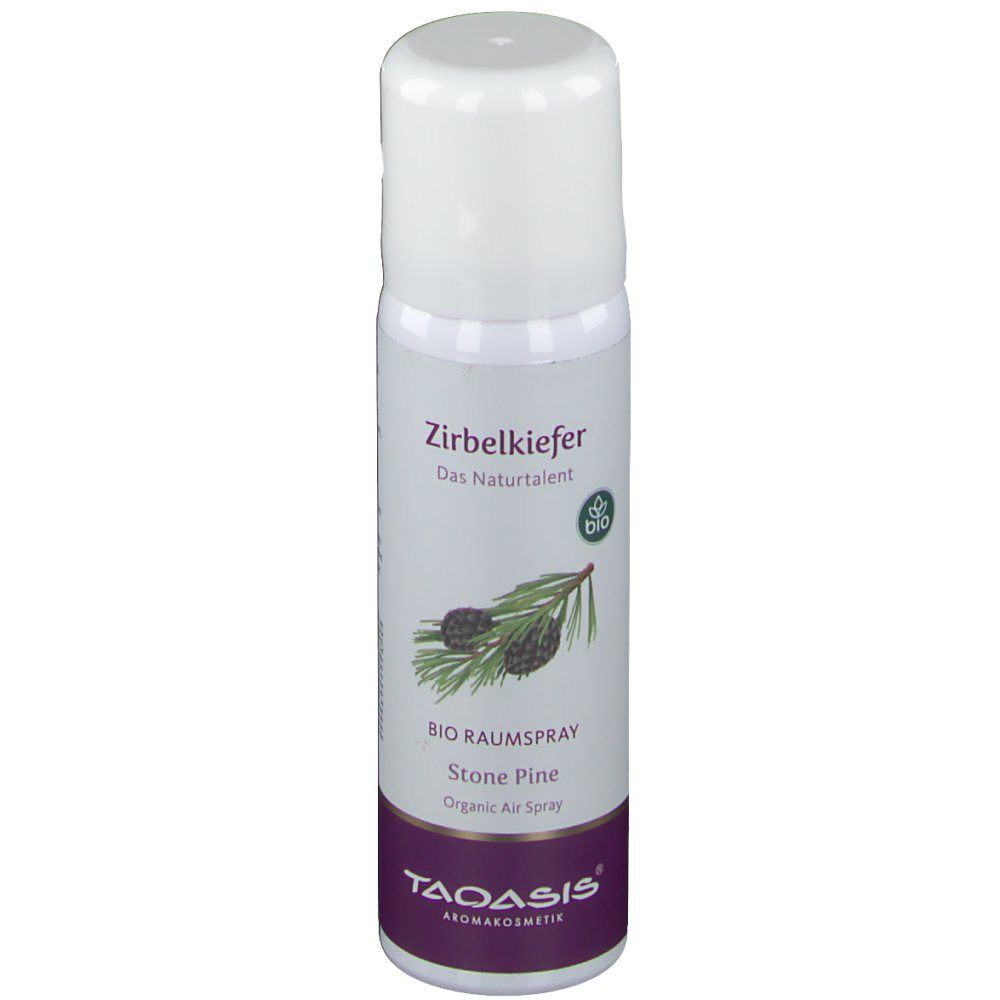 Weiße Sprühflasche mit Zirbelkiefer-Motiv und BIO-Siegel. Beschriftung: Zirbelkiefer, BIO RAUMSPRAY, Stone Pine, Organic Air Spray, TAOASIS.
