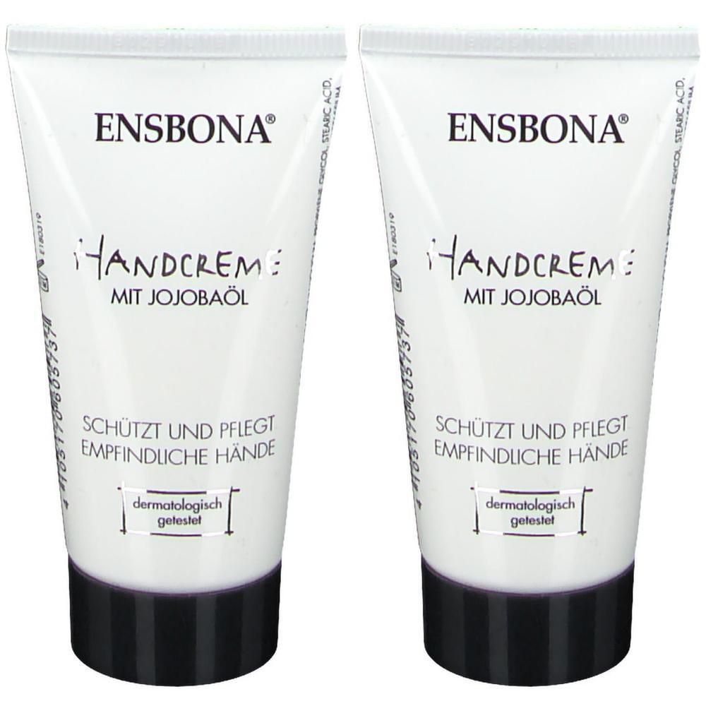 Zwei Tuben Handcreme. Aufschrift: ENSBONA, Handcreme mit Jojobaöl. Schützt und pflegt empfindliche Hände. Dermatologisch getestet.