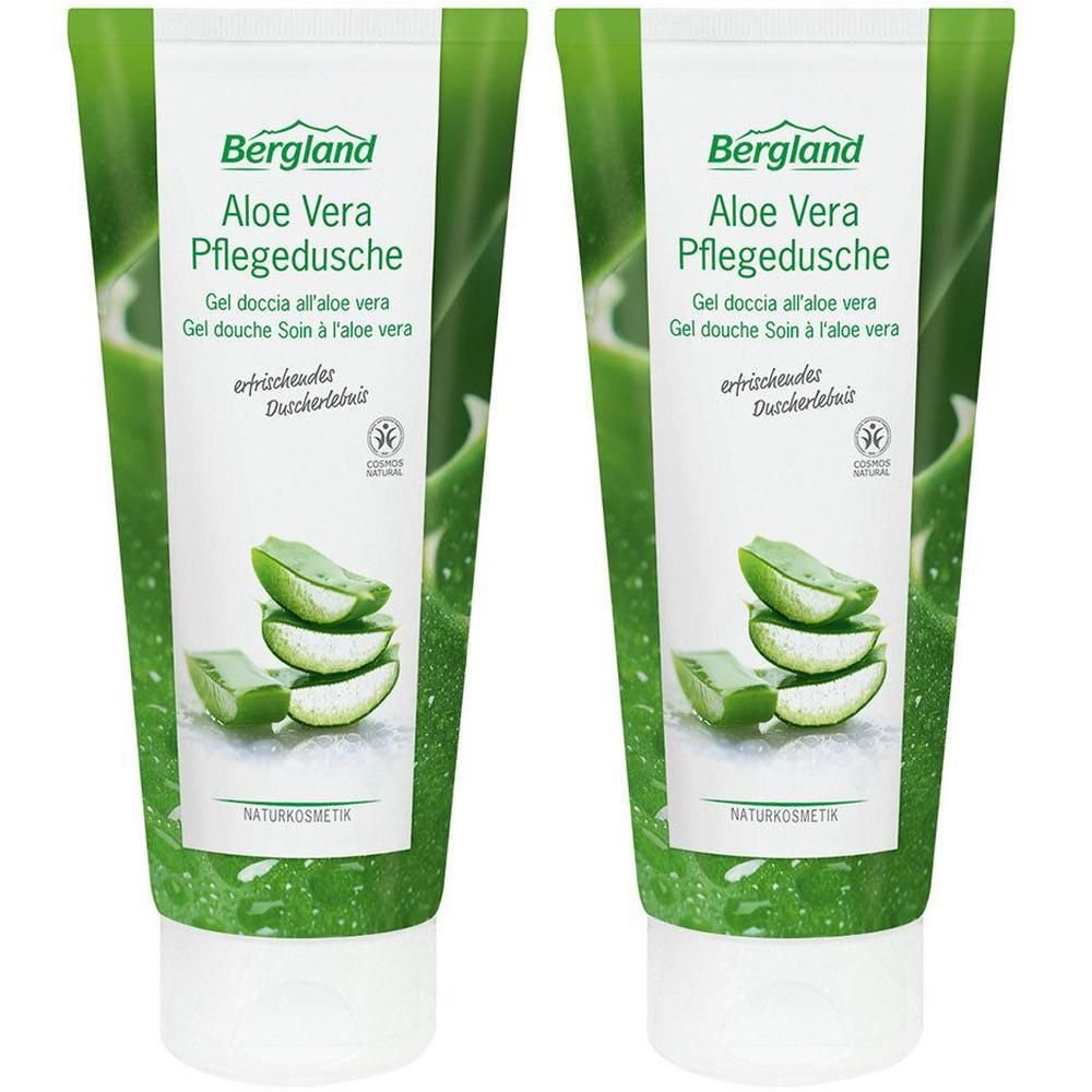 Zwei Tuben mit Aloe Vera Pflegedusche. Weiß-grüne Verpackung mit Produktnamen und Aloe Vera-Abbildung. Naturkosmetik.