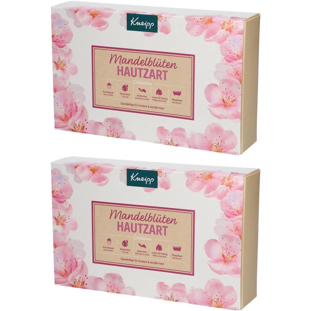 Zwei rechteckige Geschenkboxen mit floralem Design und dem Schriftzug "Mandelblüten Hautzart". Marke Kneipp.