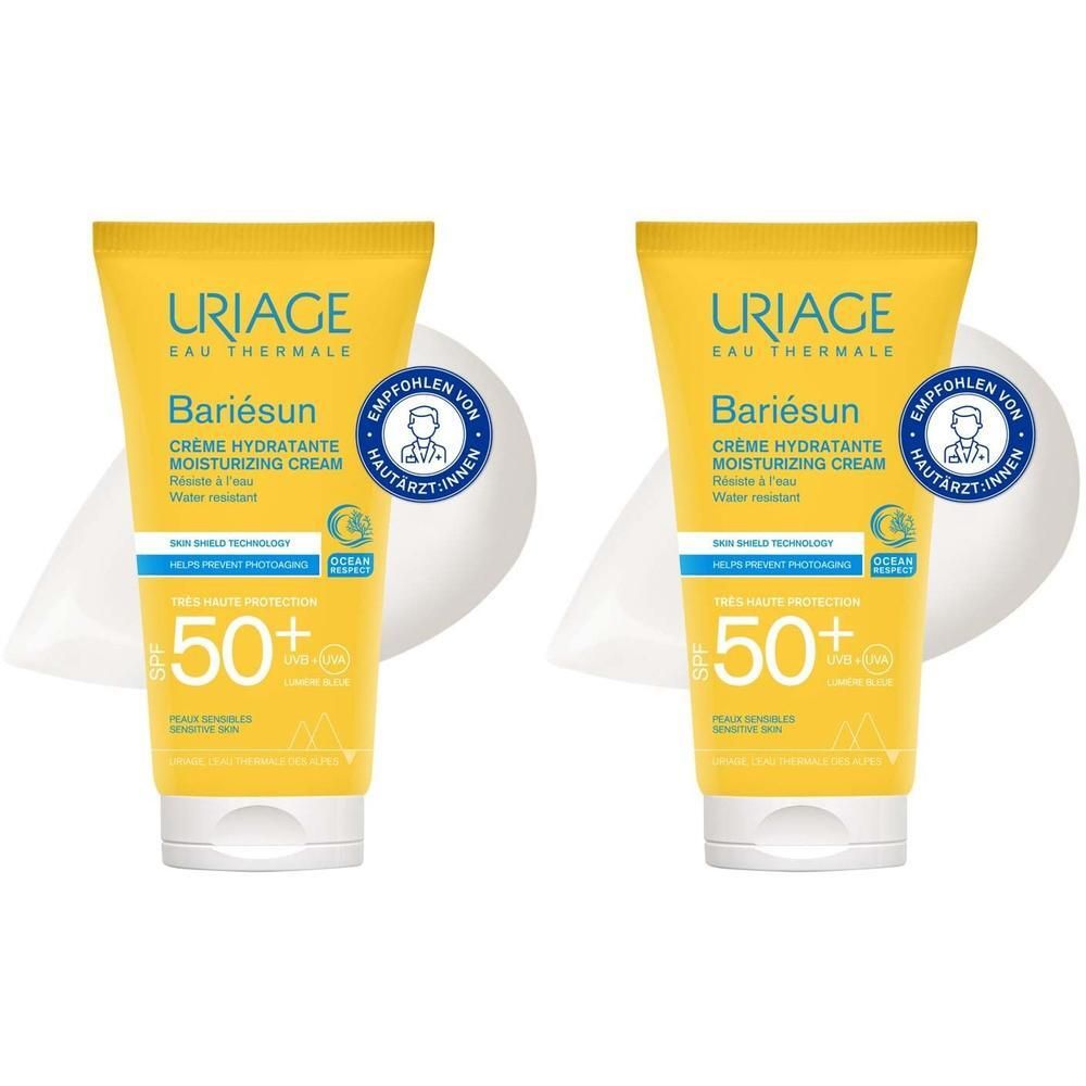 Zwei gelbe Tuben mit URIAGE Bariesun 50+ Creme. Aufschrift: Creme hydratante, 50+, parfümfrei. Empfohlen von Hautärzten.