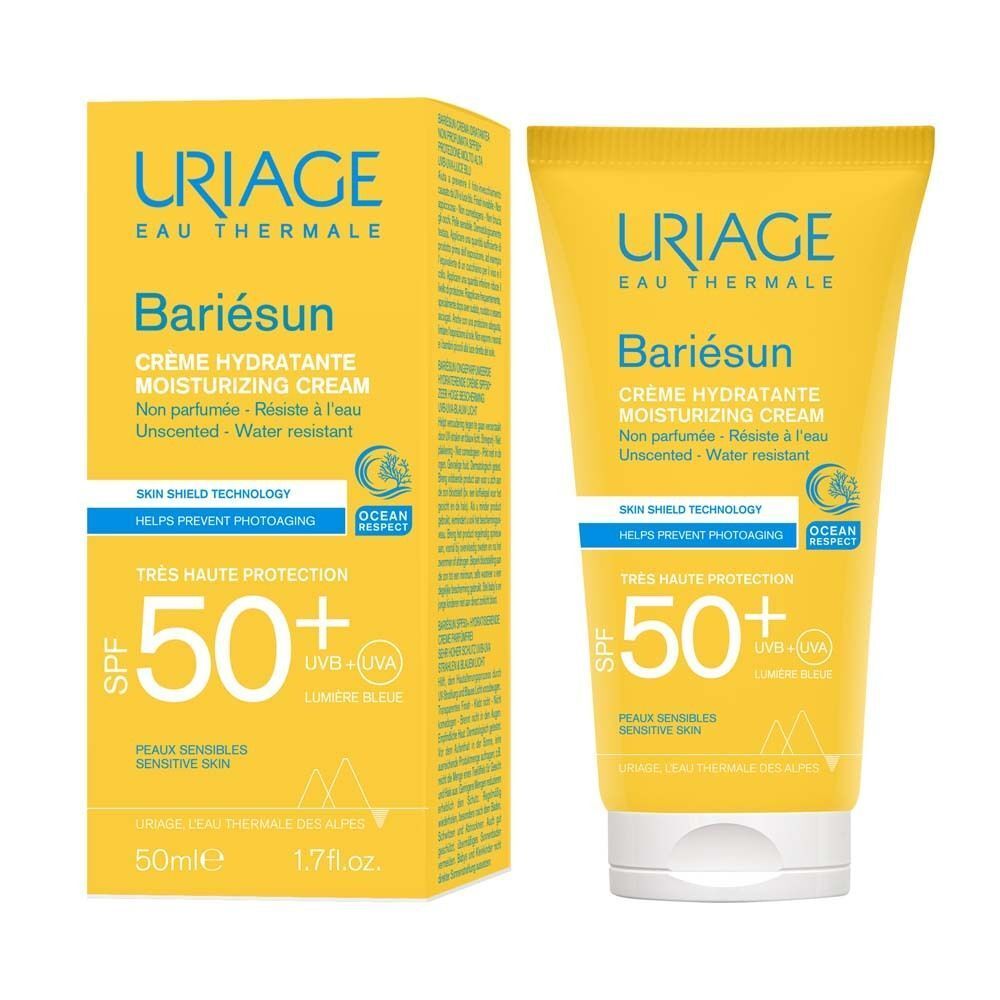 Produktverpackung: Gelbe Tube URIAGE Bariesun Creme und Karton. Aufschrift: SPF 50+, Creme hydratante, parfümfrei, 50ml.