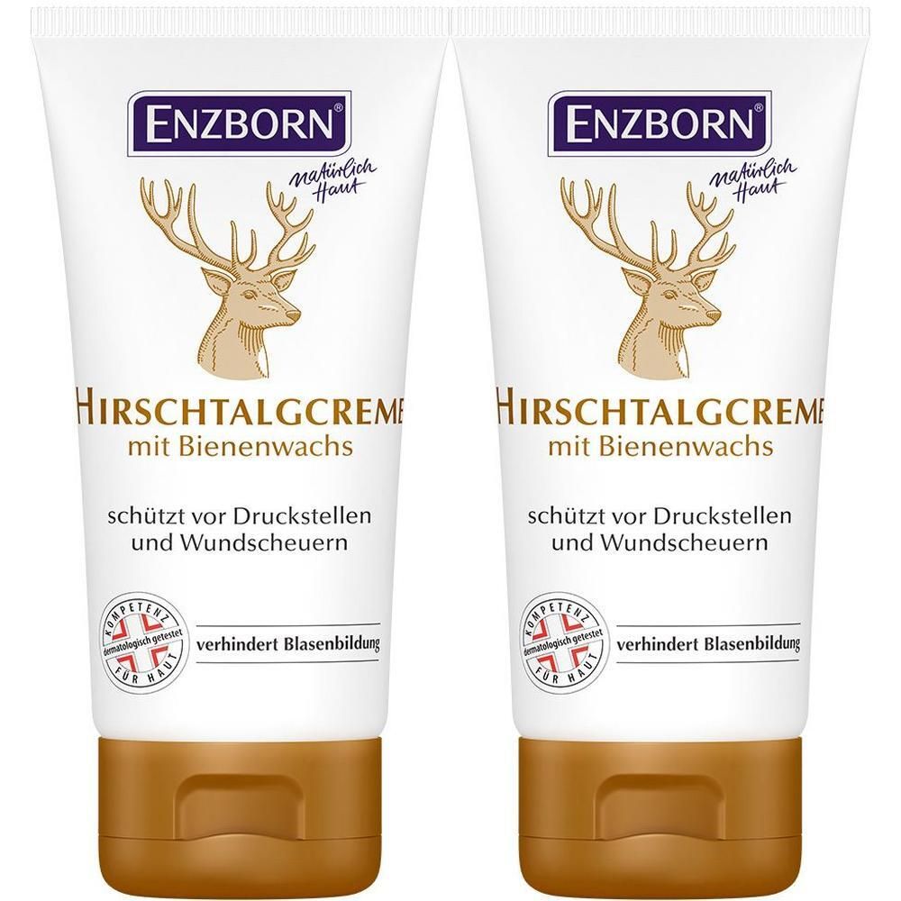 Zwei Tuben Hirschtalgcreme mit Bienenwachs. Weiße Tuben mit braunen Verschlüssen. Logo: ENZBORN, Hirsch-Illustration.
