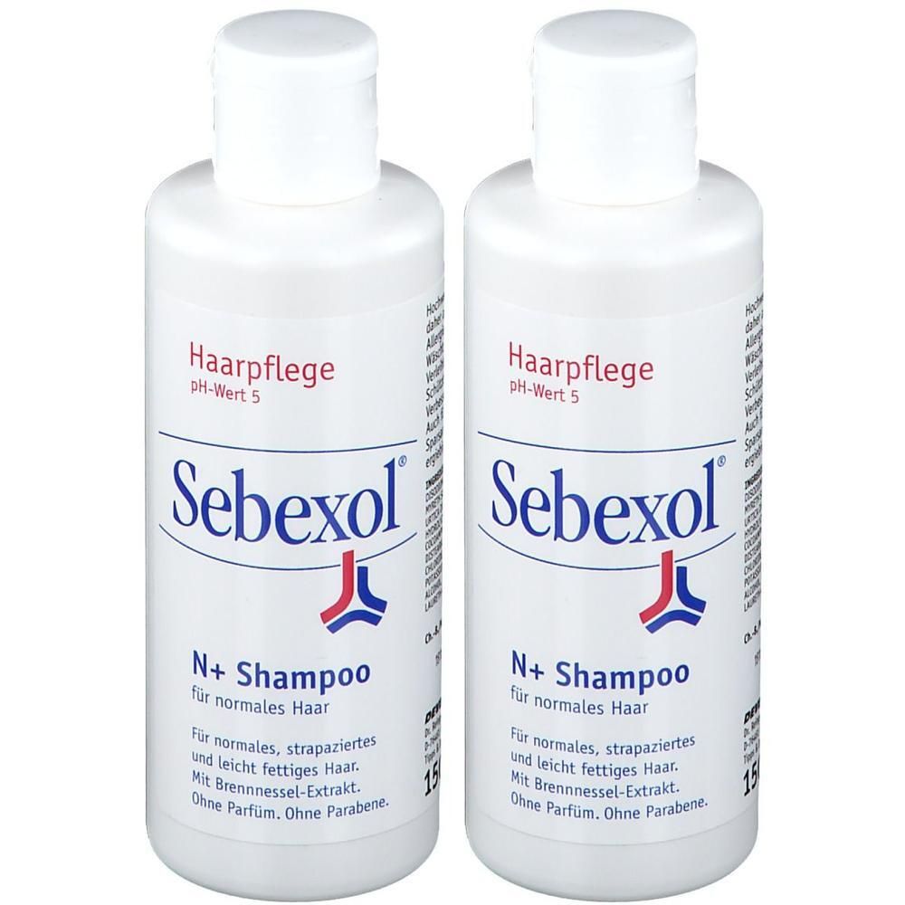 Zwei weiße Flaschen Shampoo mit weißem Deckel. Aufschrift: Sebexol N+ Shampoo für normales Haar. pH-Wert 5.