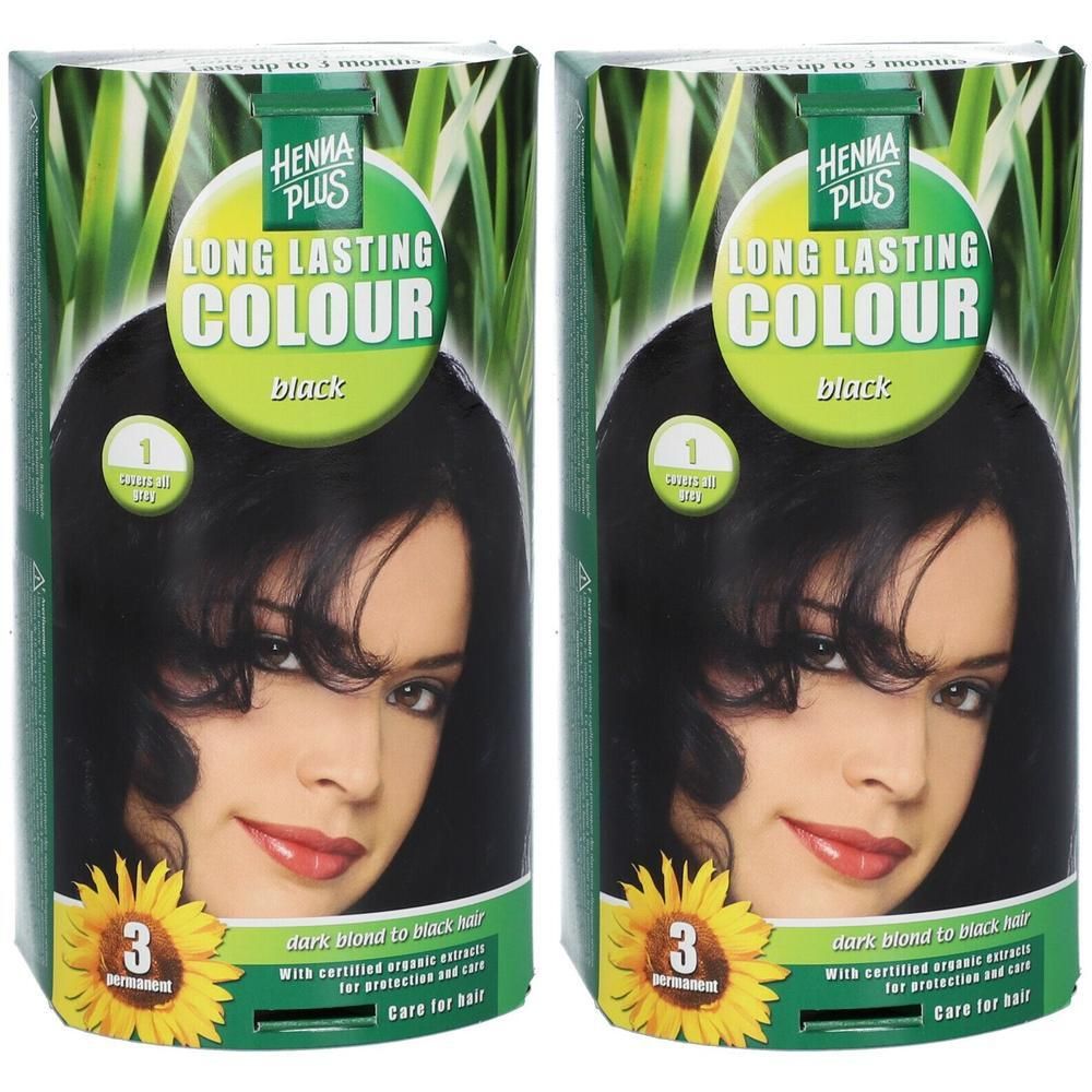 Zwei Packungen Hennaplus Long Lasting Colour Black. Auf jeder Packung ist ein Frauenporträt abgebildet. Text: 3 permanent, Care for hair.