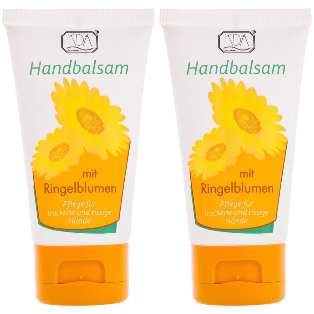 Zwei Tuben Handbalsam mit Ringelblumen. Weiße Tuben mit gelben Blüten und grüner Schrift. Orangefarbener Verschluss.