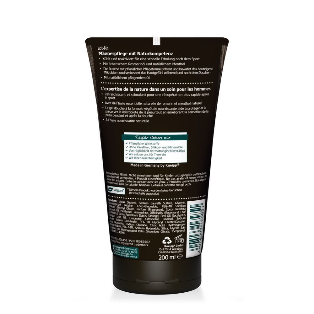 Rückseite der Tube Kneipp MEN 2 in 1 Dusche SPORT. Schwarze Tube mit Text in Weiß und Türkis. 200 ml.