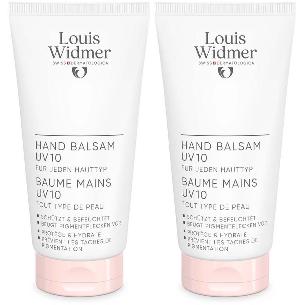 Zwei Tuben Handbalsam UV10. Weiß, mit rosa Verschluss. Text: Louis Widmer, Hand Balsam, UV10, für jeden Hauttyp, Baume Mains UV10.