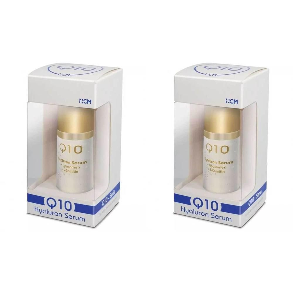 Zwei Flaschen Serum in weißen Kartons. Aufschrift: Q10 Hyaluron Serum. Goldfarbener Deckel, weißer Behälter.