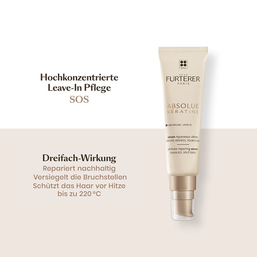 Produktabbildung von RENE FURTERER ABSOLUE KÉRATINE Serum. Text: Hochkonzentrierte Leave-In Pflege, Dreifach-Wirkung.