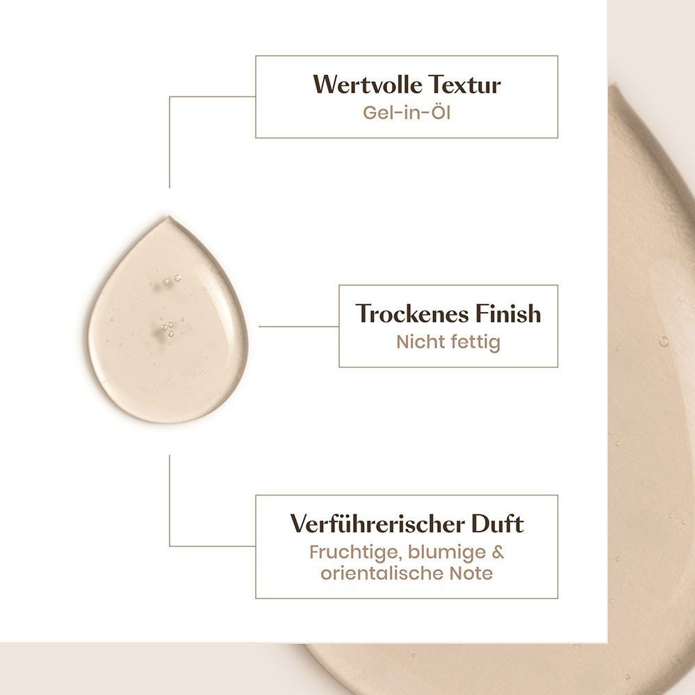 Grafische Darstellung der Serum-Textur. Gel-in-Öl, trockenes Finish, nicht fettig, verführerischer Duft.